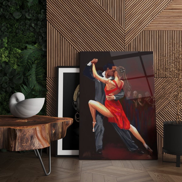 Le couple tango Peinture sur verre, peinture pour couple de danseurs, option cadre, ensemble de décorations murales, décoration de salle d'art, cadeau de pendaison de crémaillère pour lui et elle