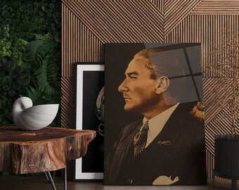 Mustafa Kemal Ataturk Glass Painting, Leader Soldier, Frame Option, Decoration Wall Set, Art Room Decor, Housewarming Gift For Him Her