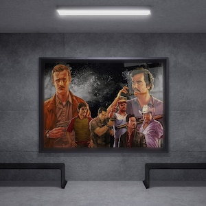 Pablo Escobar-glasschildering, Narcos-schilderij, lijstoptie, decoratiemuurset, Art Room Decor, housewarmingcadeau voor hem haar