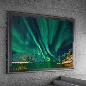 Lienzo de aurora boreal, espectáculo de luces del paisaje de Islandia, opción de marco, conjunto de pared de decoración, decoración de sala de arte grande, regalo de inauguración de la casa para él ella