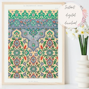 Puede incluir: Una ilustración vintage de un diseño árabe intrincado con un patrón repetitivo de motivos florales verdes, azules, rojos y blancos sobre un fondo amarillo. El texto "La Décoration Arabe" está en la parte superior de la imagen.