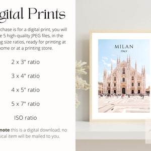 May include: Digital print of the Milan Cathedral in Italy. The image is in a light beige frame and is ready to be printed in various sizes: 2x3 inches, 3x4 inches, 4x5 inches, 5x7 inches, and ISO ratio.