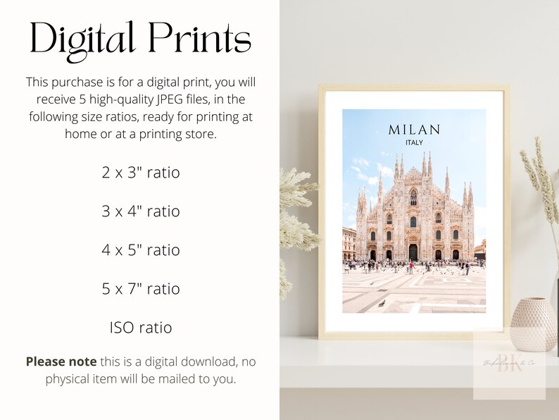 May include: Digital print of the Milan Cathedral in Italy. The image is in a light beige frame and is ready to be printed in various sizes: 2x3 inches, 3x4 inches, 4x5 inches, 5x7 inches, and ISO ratio.