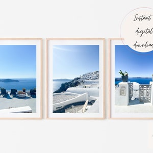 Greece Prints Set of 3 Wall Art, Santorini Prints, Santorini Gallery Wall Set, Blue White Photography Print Travel Poster Set, Greece Art A4
