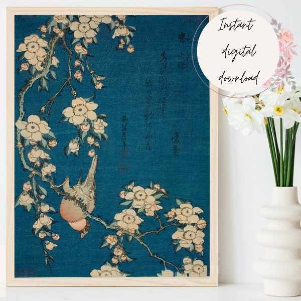 Dark Blue Vintage Japanese Floral Print, Blue Japanese Poster Wall Art, Oriental Style Floral Art Digital Print, Leaves Plant Print Download