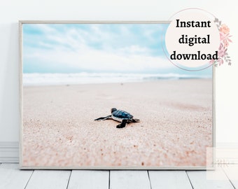 Baby Sea Turtle Digital Print, Turtle on Shore Printable, Coastal Decor, Marine Animal Wall Art, Coastal and Beach Wall Art, Sea Turtle Art