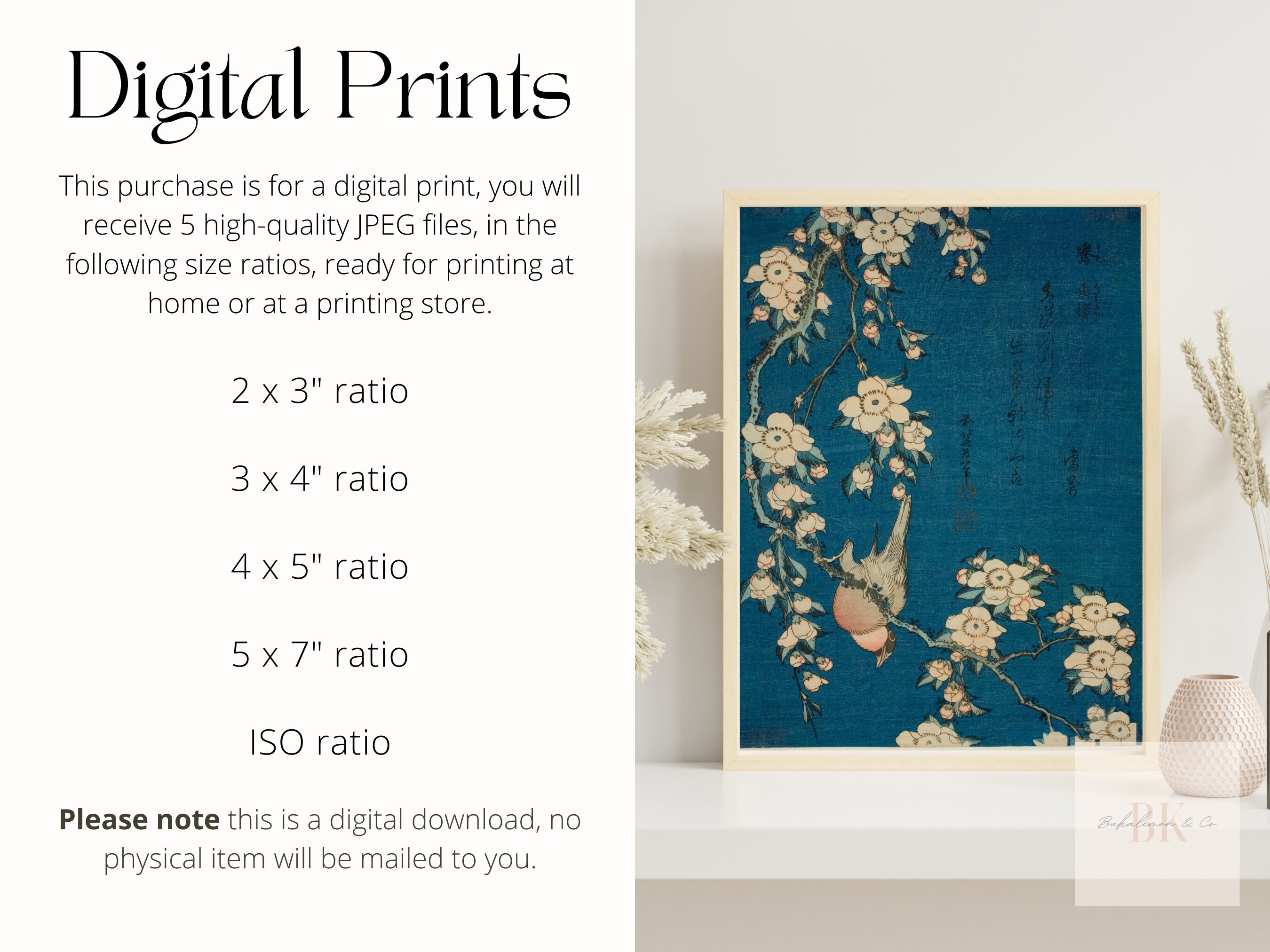 Dark Blue Vintage Japanese Floral Print, Blue Japanese Poster Wall Art, Oriental Style Floral ...