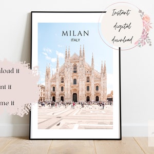 May include: A printable digital download of a photograph of the Duomo di Milano, a large cathedral in Milan, Italy. The cathedral is a popular tourist destination and is known for its intricate architecture and stunning facade.