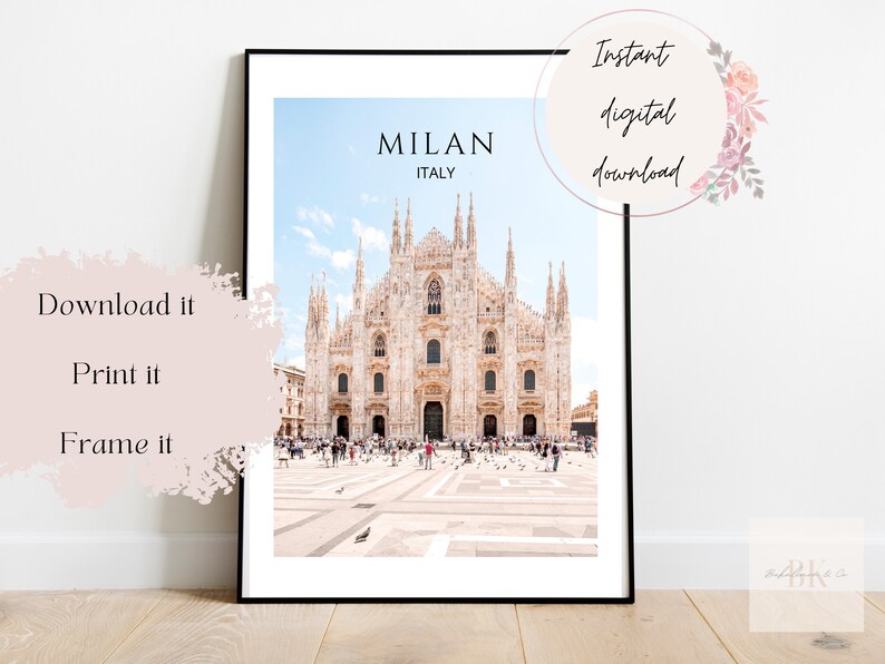 May include: A printable digital download of a photograph of the Duomo di Milano, a large cathedral in Milan, Italy. The cathedral is a popular tourist destination and is known for its intricate architecture and stunning facade.