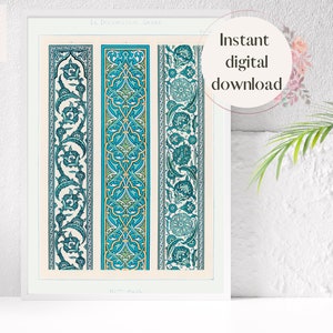 May include: Three vertical panels of intricate blue and green floral patterns, with a white background. The panels are labeled "La Decoration Arabe" and "N° 125" at the top and bottom, respectively.
