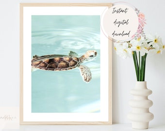 Baby Sea Turtle Digital Print, Turtle in Water Printable, Coastal Decor, Marine Animal Wall Art, Coastal and Beach Wall Art, Sea Turtle Art
