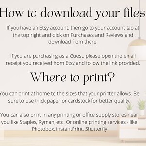 May include: Instructions on how to download digital files purchased from Etsy. The text explains how to download files from an Etsy account or as a guest. It also includes suggestions for printing at home or at a local print shop.