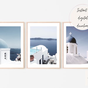 Greece Prints Set of 3 Wall Art, Santorini Prints, Santorini Gallery Wall Set, Scandi Beach Photography Print Travel Poster Set, Greece Art