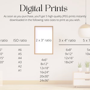 May include: Digital prints available in five different aspect ratios: 4x5, ISO, 2x3, 3x4, and 5x7. Each ratio includes multiple size options in inches.  The text reads "Digital Prints" and "As soon as you purchase, you'll get 5 high-quality JPEG prints instantly downloaded in the following ratio sizes to print as you wish."