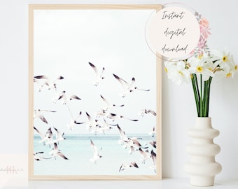 Minimalist Wall Print of Flying Birds, Flock of Birds Digital Print, Birds in Nature Print, Bird Wall Art, Bird Flock Print, Calm Nature