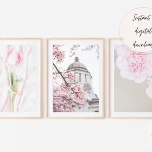 Ensemble floral rose de 3 impressions numériques, Art mural printable Pink Flower Gallery, Ensemble de fleurs de 3 impressions, Cadeau pour elle, Art floral imprimable