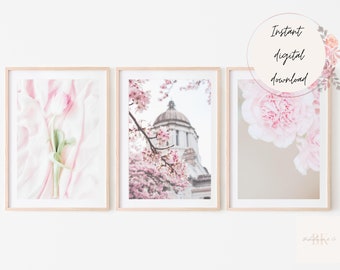 Pink Floral Set of 3 Digital Prints, Printable Pink Flower Gallery Wall Art, Flowers Set of 3 Prints, Gift for Her, Floral Printable Art