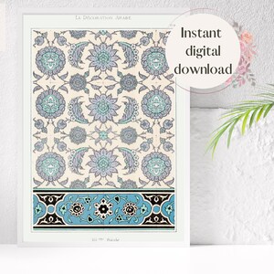Vintage Arab Blue Beige Arabian Arabesque Islamic Pattern, 19th Century Printable Digital Download, Émile Prisses d&#39;Avennes Arabic Art Print