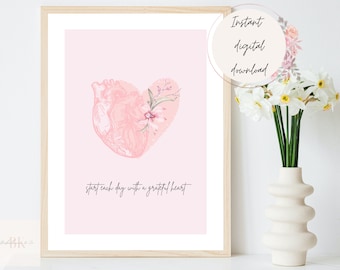 Grateful Self Love Wall Print, Mental Health DIGITAL print, Printable Inspirational Quote, Positive Wall Art, Typography print, Floral Print