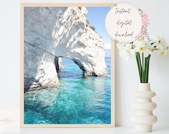 Greece Wall Art, White Cliff Coastal Print, Skiathos Printable Art, Greece Beach Printable, Coastal Greece Art, Coastal Digital Art