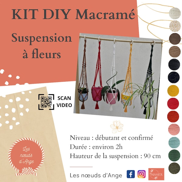 KIT DIY macramé suspension à fleurs avec tutoriel écrit et video, tuto diy, débutant, cadeau pour elle, diy pour faire soi-même, création