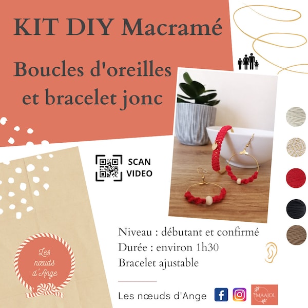 KIT DIY macramé bijoux avec tutoriel écrit et video, tuto diy, débutant, cadeau pour elle, à faire soi-même, boucles d'oreilles, bracelet