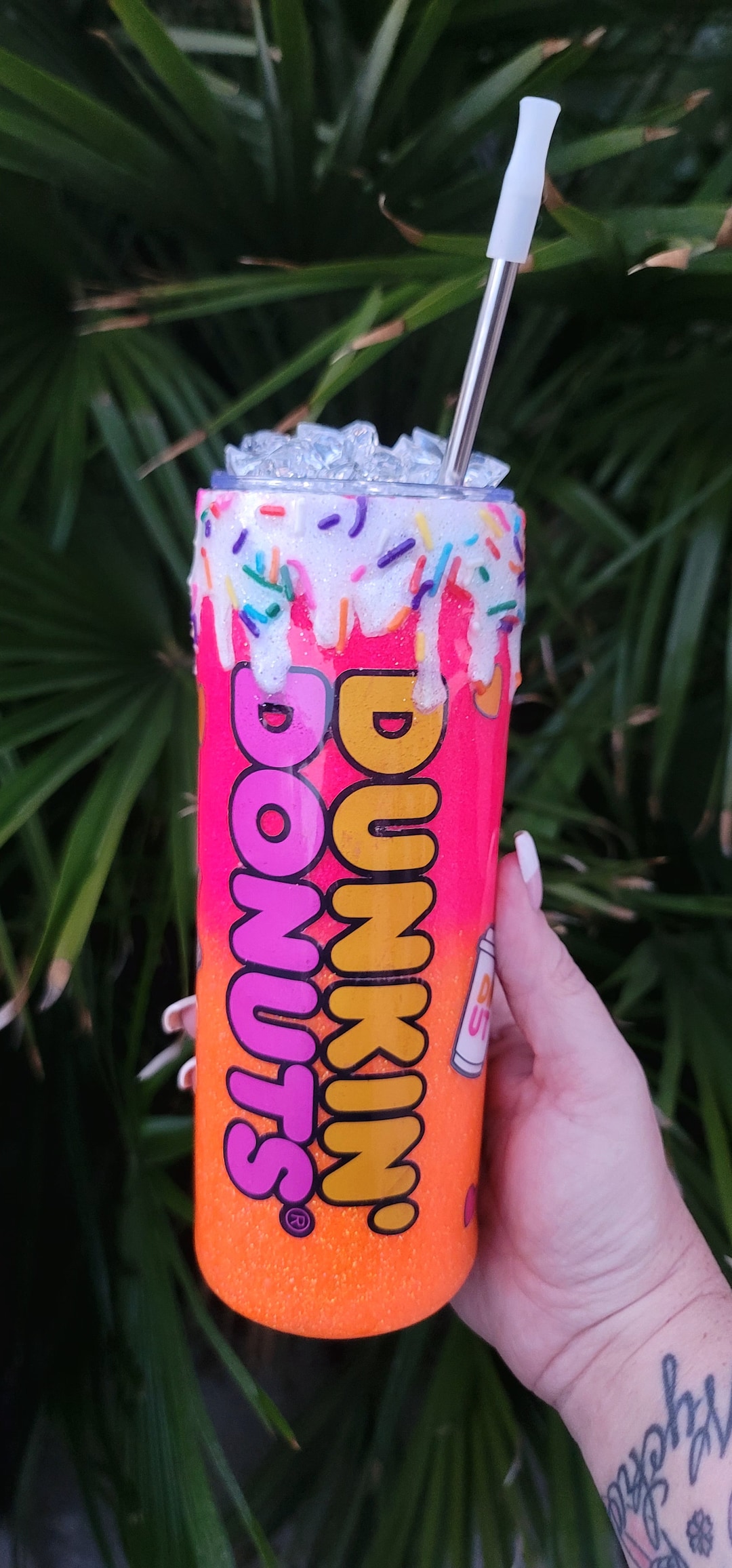 Dunkin Donuts Ombre Glitter Tumbler With Pink Sprinkles Drip and Option