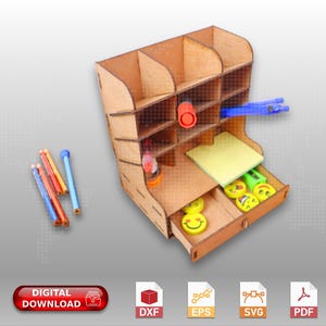 Wood Desk Organizer With Drawers Office Supplies Holder 3mm, |svg| |eps| |dxf| |pdf| for CNC Router, Laser Cut
