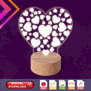 Valentines Day Heart Shaped, LED Night Light Gift Mom, Spouse, Weeding, Engagement PNG |svg| |eps| |dxf| |pdf| for CNC Router, Laser Cut