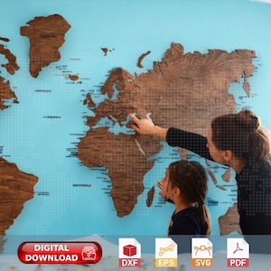 Mapa del mundo de madera para decoración de pared, arte, oficina, escuela, geografía, tablero de corcho, mapa de viaje, diseño /svg/ /eps/ /dxf/ /pdf/ para enrutador CNC, corte láser