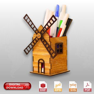 May include: A wooden windmill-shaped pencil holder with a brown wood grain finish. The holder has a small window and a door. It is filled with colorful pens and markers.