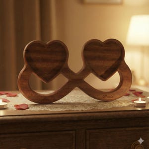 Peut inclure: Un objet de décoration en bois en forme de cœur avec un symbole infini. Il comporte deux plateaux en forme de cœur, avec les noms "Alex" et "Maria" gravés sur la base. La pièce est en bois foncé et posée sur une table.