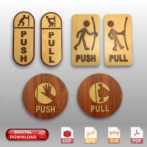 Op de afbeelding: Set van zes houten deurborden met push- en pull-instructies. De borden hebben verschillende grafische stijlen, waaronder stickfiguren en handgebaren. De borden zijn beschikbaar in digitale downloadformaten, waaronder DXF, EPS, SVG en PDF.