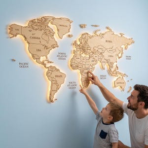 Mapa del mundo de madera para pared SVG / Mapa de viaje cortado a láser / Decoración de pared grande para oficina / Plano de fresadora CNC Glowforge xTool (Descarga digital)