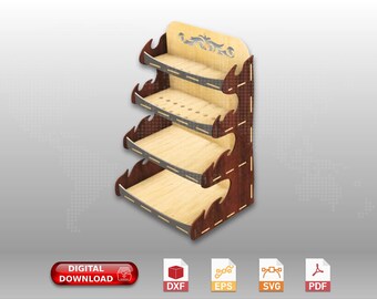 May include: A wooden shelf unit with four shelves. The shelves are made of light wood and have a dark brown trim. The unit has a decorative design on the top shelf. The unit is designed to be assembled.