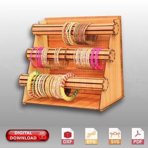 Op de afbeelding: Een houten armband organizer met drie lagen. De organizer is gemaakt van lichtbruin hout en heeft een driehoekige vorm. De organizer is gevuld met kleurrijke armbanden.