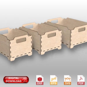 May include: Three wooden storage boxes with handles. The boxes are made of light brown wood and have a simple design. The boxes are stacked on top of each other.