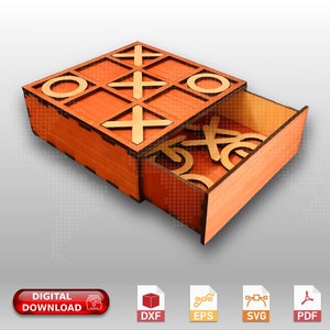 XOX Tic Tac Toe Game Wooden Box, Board Games Gift for Family, Kids Friends party Design,  |svg| |eps| |dxf| |pdf| for CNC Router, Laser Cut