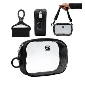 Könnte beinhalten: Schwarze transparente Reisetasche mit Reißverschluss und transparentem Fenster. Die Tasche hat einen schwarzen Gurt und einen schwarzen Griff. Die Tasche hat ein Logo mit der Aufschrift "CheckPack".