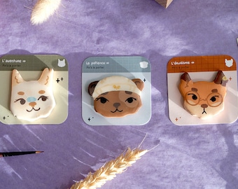 Handmade Pins | 3 soeurs Autumn/Winter Collection - Erudition, adventure, patience - Pins, handmade, airdrying clay, cute fox bear and cat