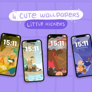 Puede incluir: Cuatro fondos de pantalla para teléfono con adorables animales de dibujos animados en escenas de la naturaleza. Los fondos de pantalla tienen un estilo similar, con un fondo azul claro y una esfera de reloj blanca que muestra "15:11". Los animales incluyen un zorro, una cabra, un oso y una persona.