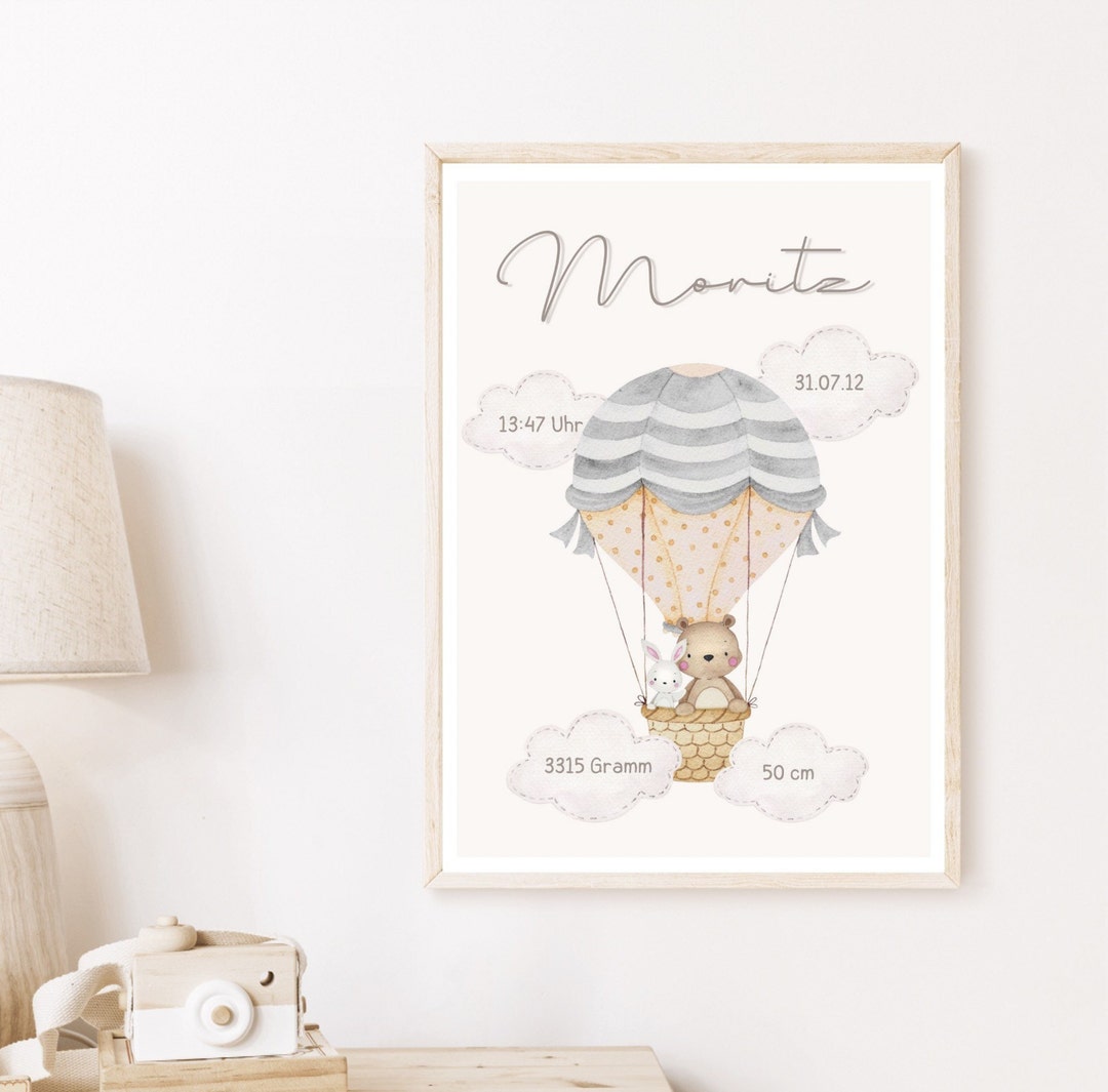 Birth Poster Hot Air Balloon in Beige for Boy or Girl - Etsy