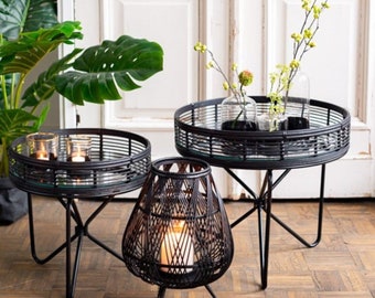 Cosy Home Ideas Beistelltisch rund aus Rattan Metall schwarz, Breite 57 cm mit Glasplatte und Rand Wohnzimmertisch Tisch asiatisch