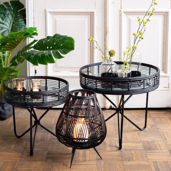 Cozy Home Ideas Round side table made of rattan metal black, width 57 cm with glass top and edge living room table Asian table