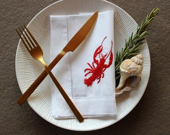 CHI - Indradanush fabric napkins cotton set of 4 40 x 40 cm lobster red embroidered, sustainable, hand embroidered 4 pieces maritime, with hemstitch
