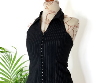 gilet à fines rayures vintage Y2K avec col et crochets corset taille S noir et blanc