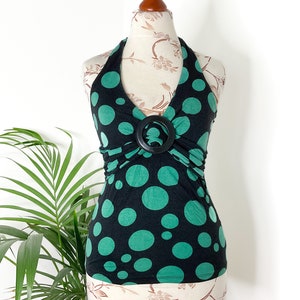 Y2K vintage halter top taille S pois vert noir image 1