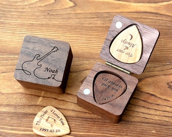 Boyfriend Valentines Day Gift, Personalized Unique Guitar Pick Case, Custom Engraved Wooden Picks Box, Musicians Gift for Guitar Player