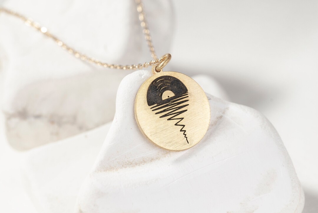 14k Solid Gold Custom Record Necklace, Personalized Record Pendant