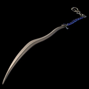 May include: A silver-colored sword keychain with a blue handle and a silver chain. The sword is curved and has a sharp point.